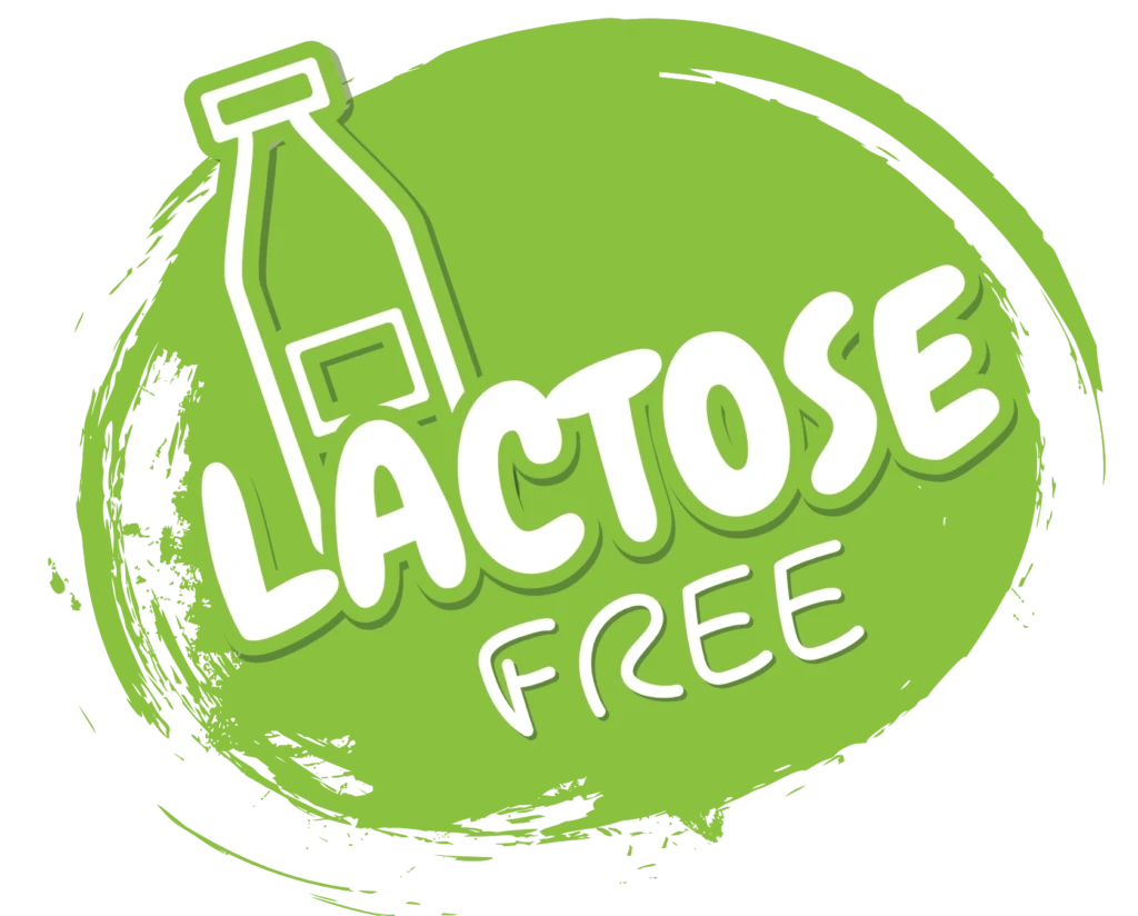 Logo Lactose Free con bottiglia di latte verde su sfondo circolare