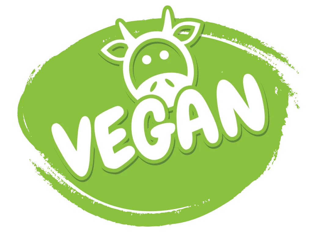 Logo verde con mucca sorridente e scritta VEGAN in bianco su sfondo ovale