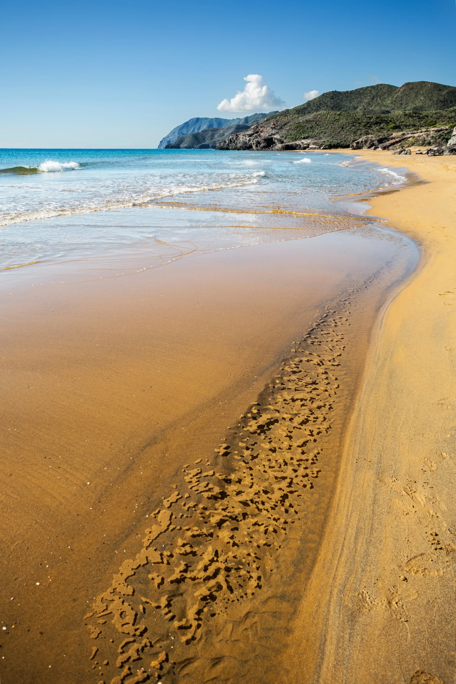Spiaggia sabbiosa con orme sulla battigia, mare turchese e promontorio verde sullo sfondo sotto cielo azzurro