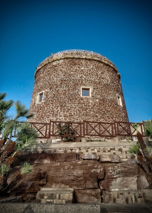 Torre di avvistamento storica in pietra con scala d'accesso e palme, cielo azzurro a Calasetta